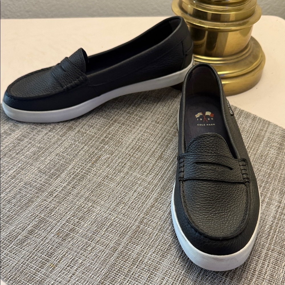 Cole Haan Black Leather Slip-On Loafers with White Soles
